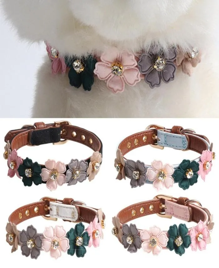 Dog Flower Collar Cute Shiny Diamonds Leather Dogs Necklaces Pet Adjustable Collars For Small Medium Dogs Chihuahua307P9950132