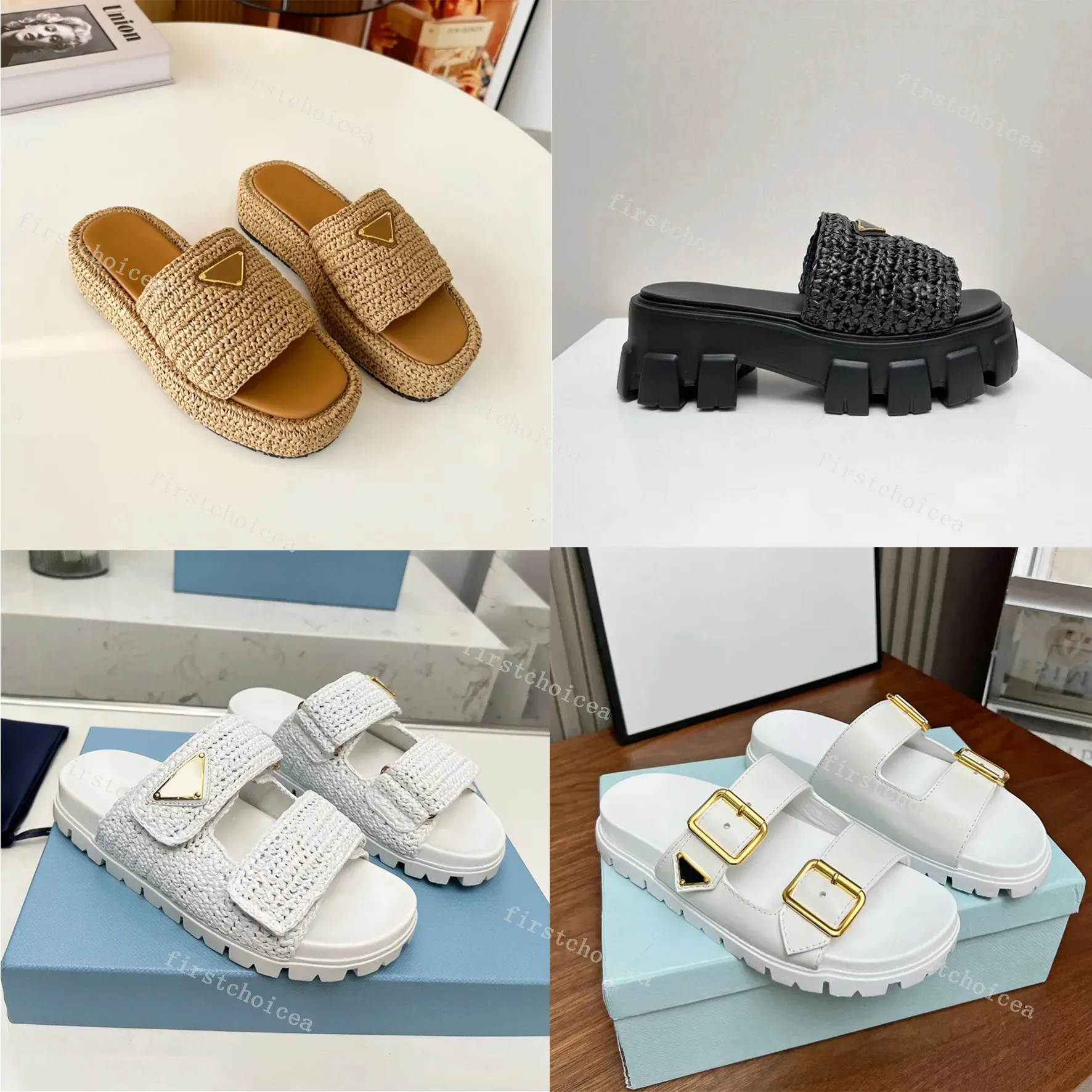 Designer Sandal Woman Crochet Slides Black Platform Wedges Straw Flatform Slipper Summer Flat Comfort Mule Beach Pool Two Straps with box