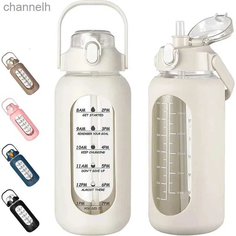 Water Bottles 1000ML Glass Water Bottles With Straw Glass Bottle With Silicone Sleeve And Time Marker For Gym Camping Home Office yq240320