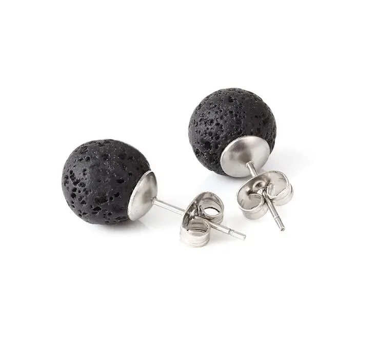 6mm 8mm 10mm Best Sellers black Natural volcanic stone earrings Lava stainless steel earrings Essential oil yoga Earrings