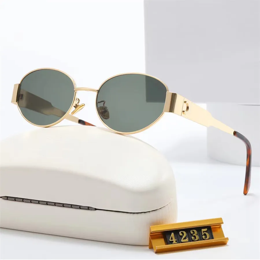 Designer Sunglasses Brand Womens Mens 4235 Oval Frame Metal Mirror Legs Green Lens Casual Sunnies Fashion Retro Small Round Frame Sexy Women Sunglasses With Gift Box