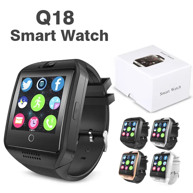 Q18 Smart Watch Bluetooth Smartwatch voor Android Mobiele telefoons Ondersteuning SIM-kaart Camera Oproep beantwoorden en verschillende talen instellen 1,44 inch Smart Watches in doos