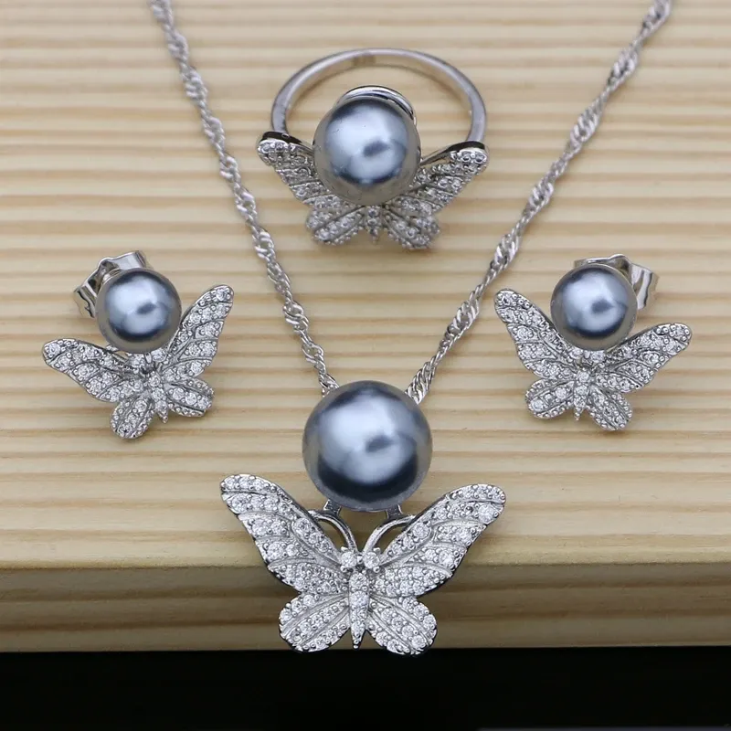 Colliers papillon Sier mariée gris perle perles ensembles de bijoux pour femmes aiguille boucles d'oreilles/pendentif/bague Animal bijoux collier ensemble