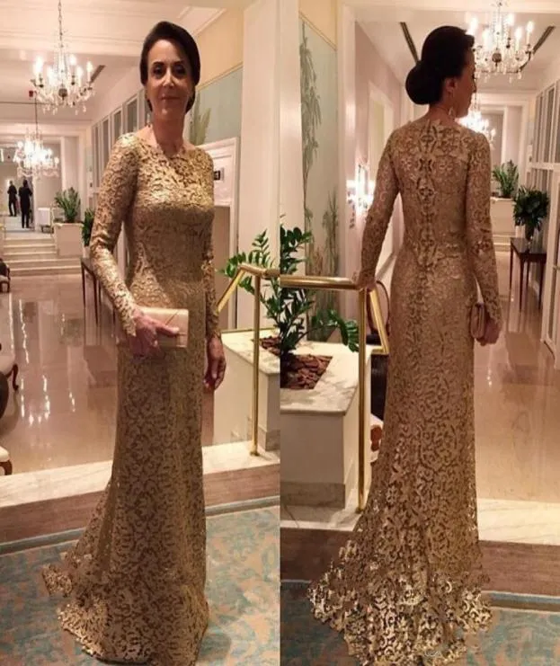 New Full Lace Long Sleeves Evening Gowns Gold Bateau Sweep Train Zipper Mermaid Prom Dress Customized Formal Women Dress Mother Of6899292
