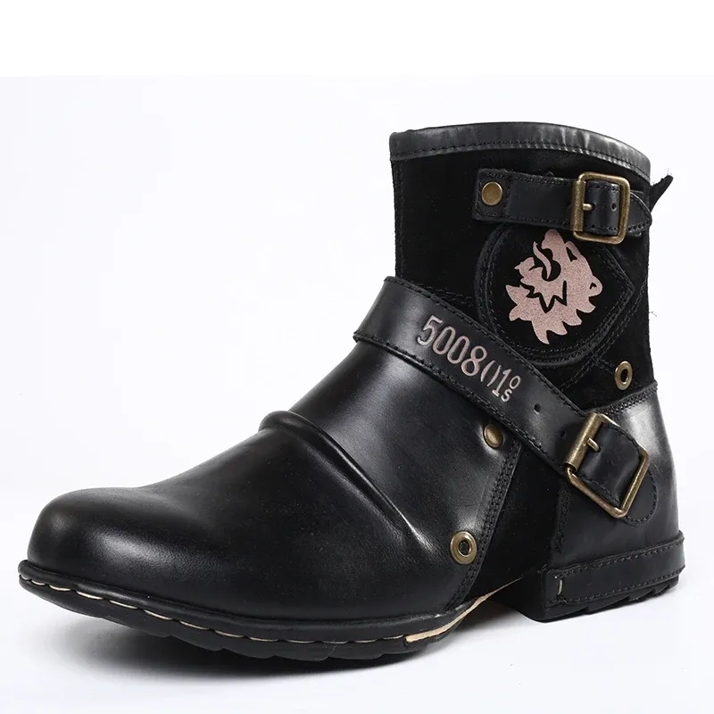 Shoes WInter Fashion Men's Shoes Boots Warm Leather Vintage Motorcycle Male Boots Riding Retro 2022 Metal Style Zippers Men's Shoes