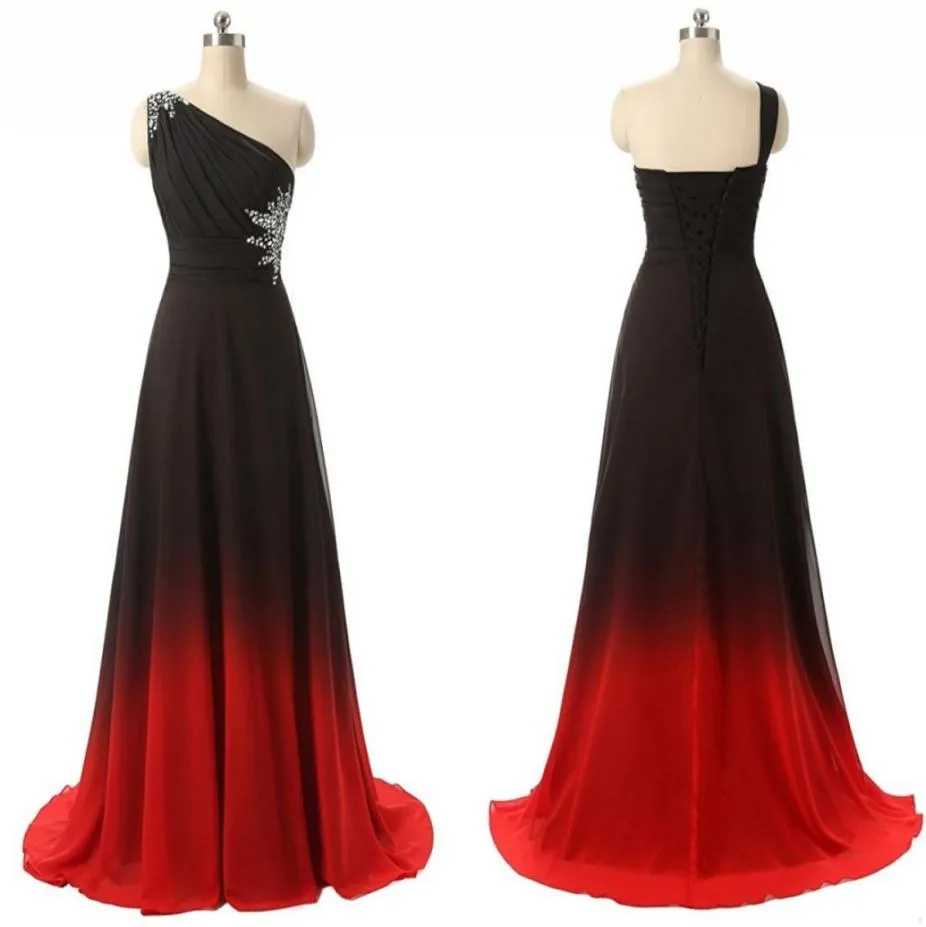 Sexy Noir Rouge Omre Gradiant Une épaule Soirée Robe De Bal Real Pos Cristal Mousseline De Soie Dos Nu Parti Robes Formelles Pageant Dress2556838