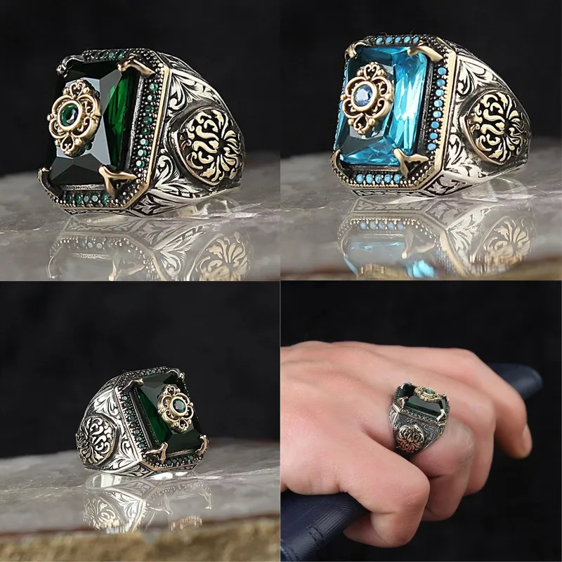 Vintage handgjorda turkiska Signet 14K guldring för män Kvinnor Ancient Carved Eagle Ring Green Zircon Inlay Punk Motor Biker