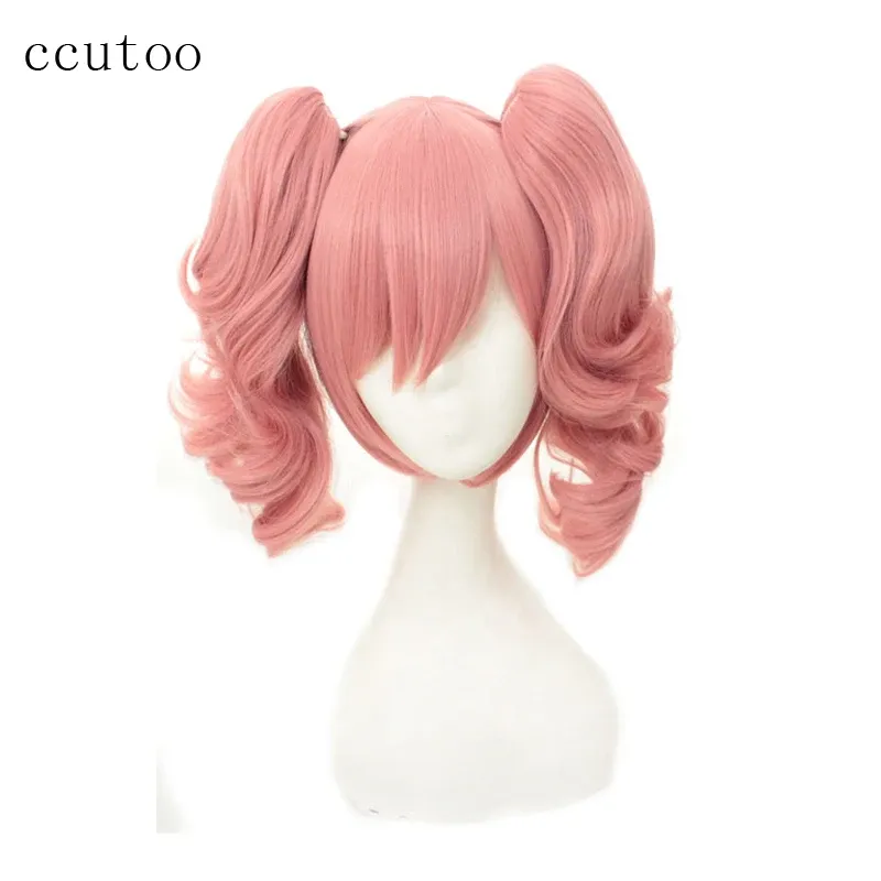 Peruker ccutoo inu x boku ss roromiya karuta 35 cm rosa kort curly syntetisk cosplay dräkt peruk hår chip avtagbara hästsvansar