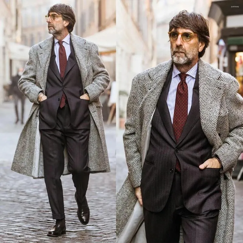 남자 양복 캐주얼 잘 생긴 헤링본 트위드 모직 모순 남자 두꺼운 맞춤형 싱글 가슴 길이 코트 겨울 따뜻한 재킷