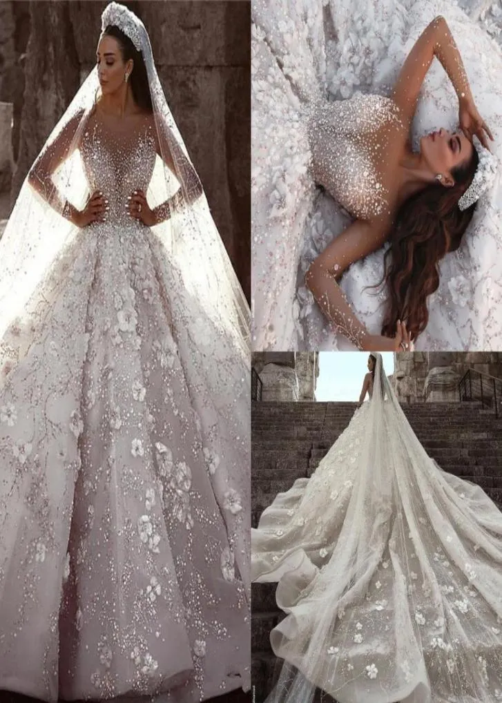 Elie Saab 2020 Ball Gown Long Sleeevs Wedding Dresses Luxury Crystal Beaded 3D Flowers Lace Plus Size Saudi Arabic Dubai Bridal Go5553022