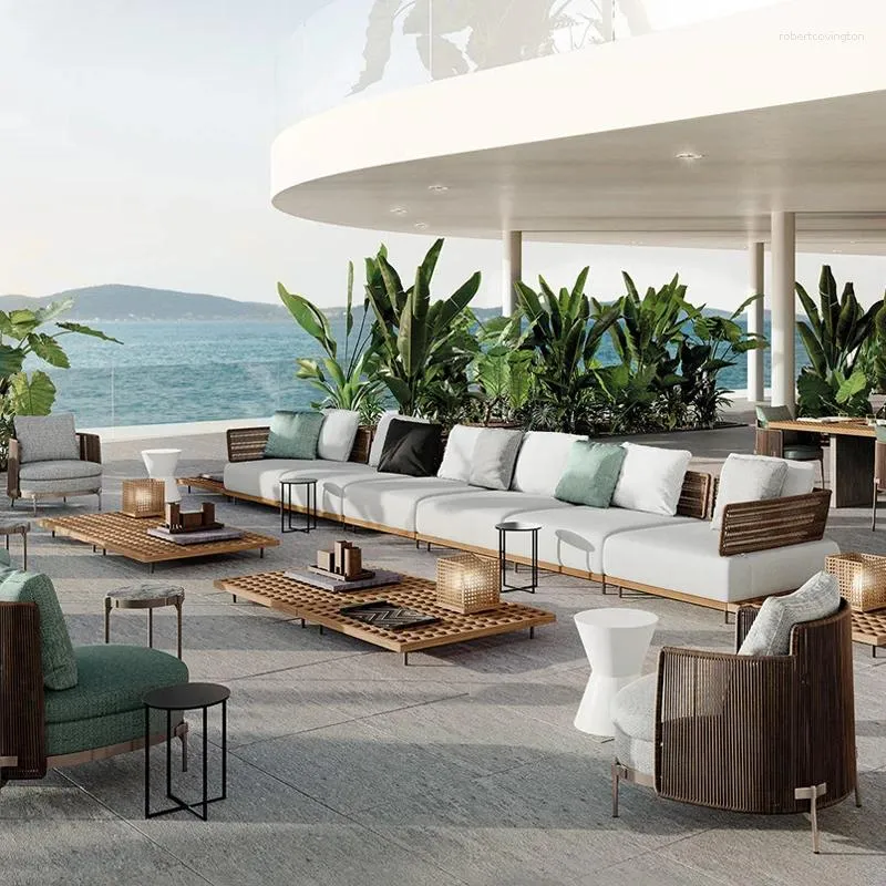 Outdoor Rattan Woven Teak Wood Sofa Set Waterproof Balcony Leisure Furniture Combination for Camp