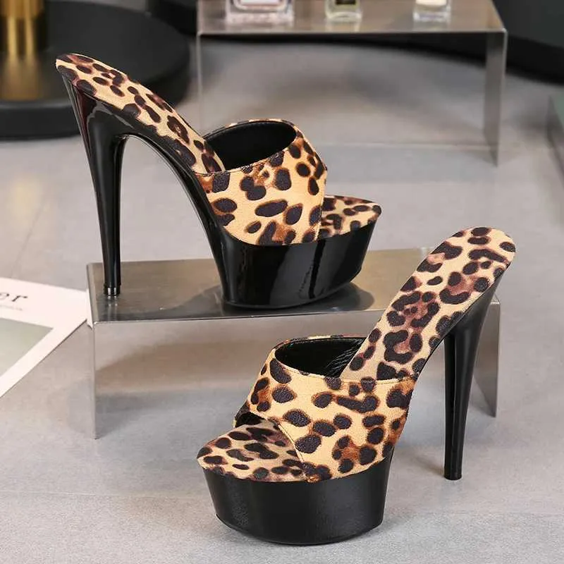 Dress Shoes Leopard Print Woman Slippers Sandals Platform 2022 Nightclub Sexy High-heeled 15cm Heels Waterproof Thick Bottom H240325