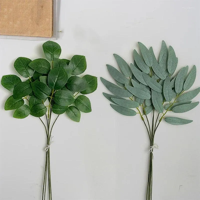 Flores decorativas plantas artificiais folhas simuladas folha de eucalipto para decoração de festa em casa diy falso verde fada simulação plantas