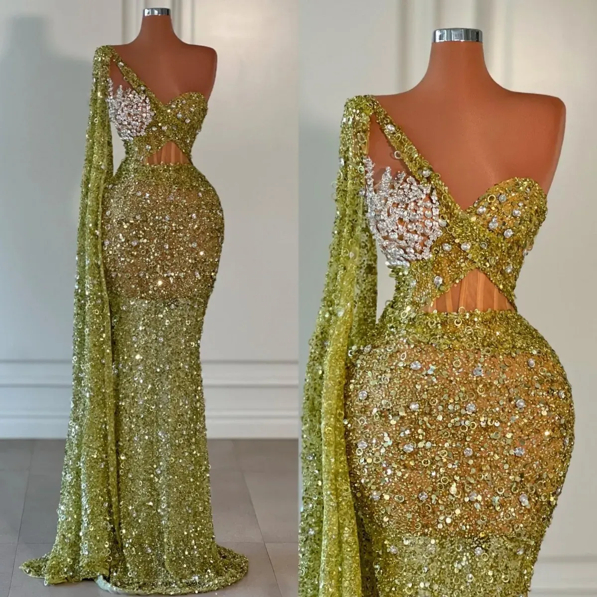 Abiti da sera a sirena verde eleganti paillettes perle vestito da ballo illusione corpetto glitter abiti da cerimonia per occasioni speciali trenino robe de soiree