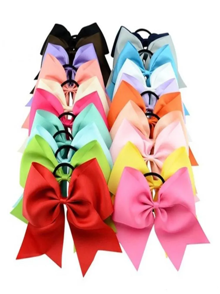 20 kleuren 8 inch grote effen Cheerleading lint strikken Grosgrain Cheer Bows stropdas met elastische band meisjes rubberen haarband FJ4412760560
