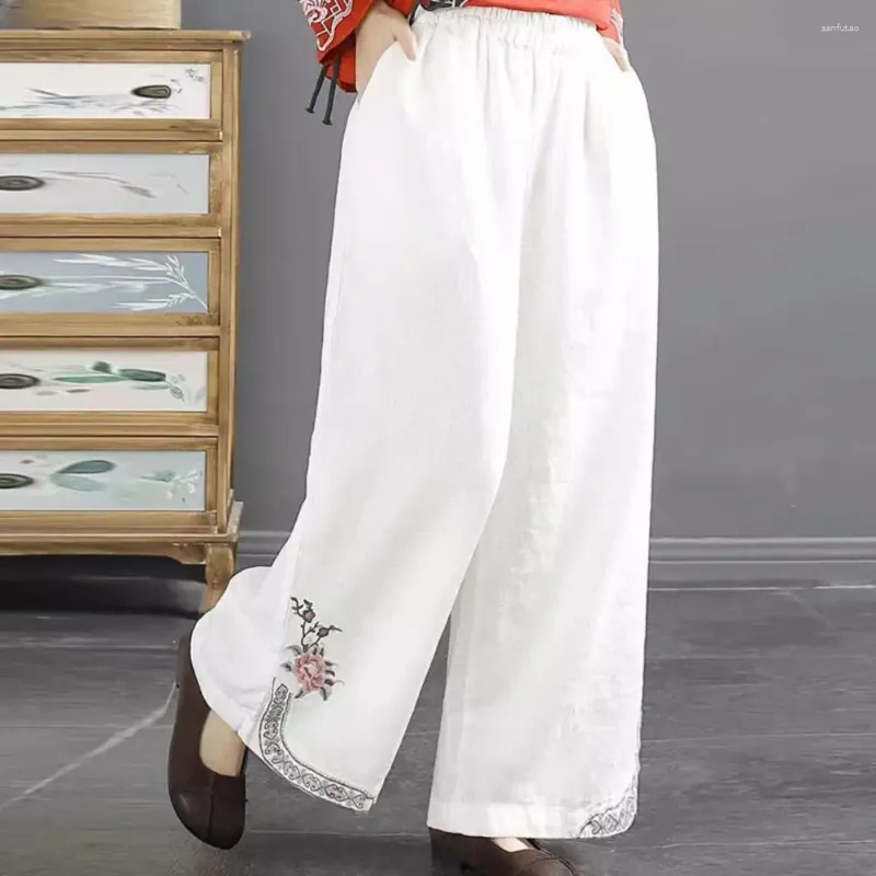 女性用パンツワイドレグ女性中国語スタイルのワイドレッグパンツ弾性ウエストのためのポケットとレトロルーズフィット