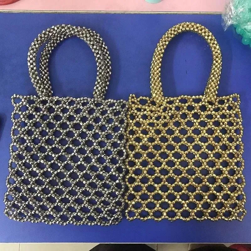 Bolso de hombro para mujer con diseño hueco dorado y plateado tejido a mano estilo Ins con cordón, bolsos de verano con cuentas informales simples para mujer