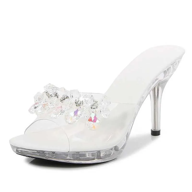 Chaussures habillées Fond mince Cristal antidérapant 9 cm Talon haut Femmes Pantoufles Sandales Perles Strass Noir Blanc WomansTCS3 H240321