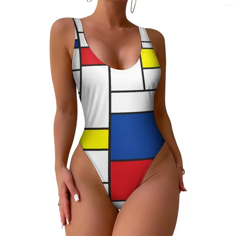 Kadın Mayo Geometric de Stijl Mayo Seksi Modern Sanat Kadınlar Tek Parça Renkli Bodysuit Sport Push Up Yuva Takımları Artı Boyut