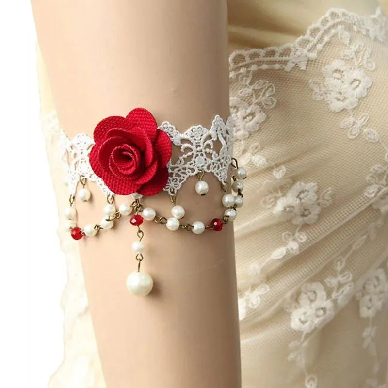 Charm Bracelets Womens Sexy Handmade Red Flower Rose White Lace Faux Pearl Drop Arm Band Armband Armlet Bracelet Bridal Dance Wedding