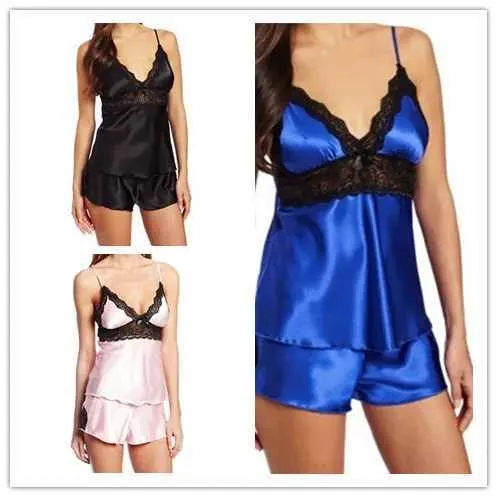 New Summer Lounge Sleepwear Suit Deep V Sleeveless Suspenders Lingerie Women Sexy Pajamas Set Lace Night&Short Pant