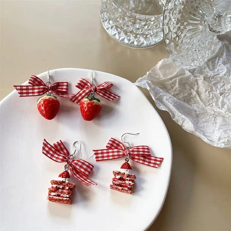 Dangle Earrings Red Strawberry Sweet Bowknot Designs Korean Fashion Cake Decor Drop Earring For Women Girls Daily Party Use