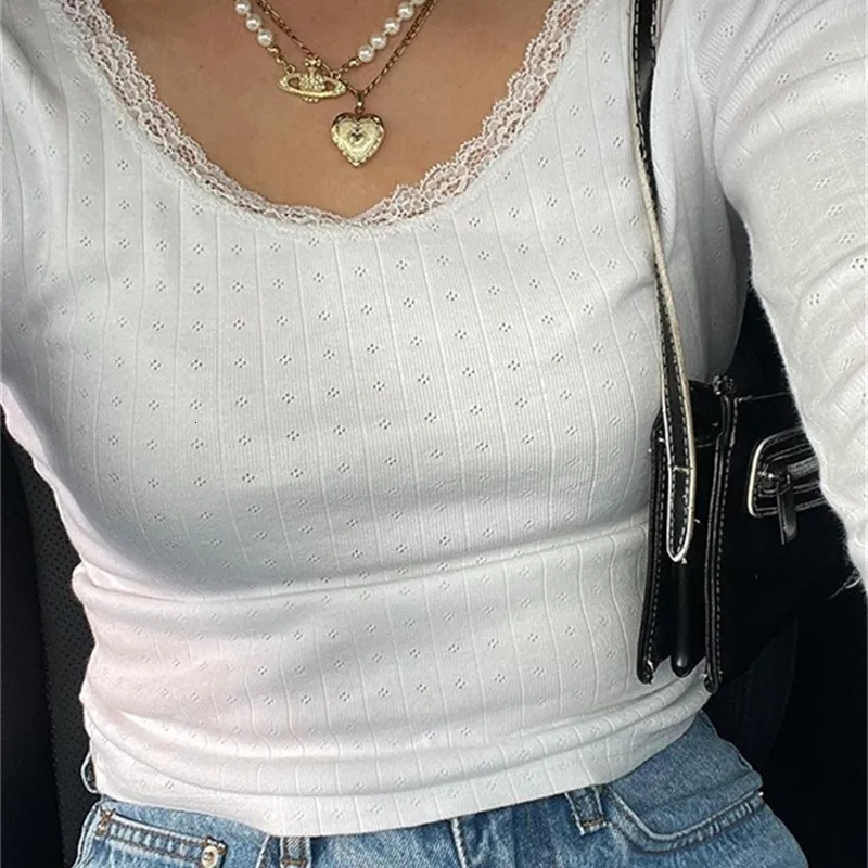 CHRONSTYLE Fairycore Vintage Ribbed Knitted Long Sleeve TShirts Y2K Cute Lace White Tops Chic Women Autumn Spring Casual Tees 240301