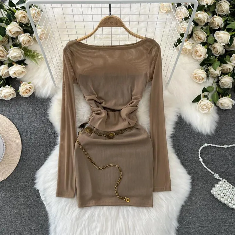 Casual Dresses Dress For Women Slash Neck Gauze Chain Long-sleeved Solid Color Vestidos Female Off Shoulder American Retro Drop