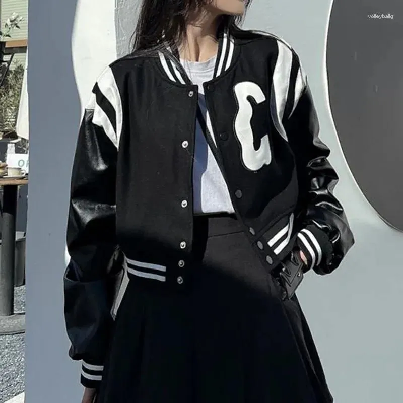 Women's Hoodies Black Baseball Jacket Women Y2k Long Sleeve Pu Patchwork Cropped Bomber Jackets Fashion Loose Outwear Streetwear Female