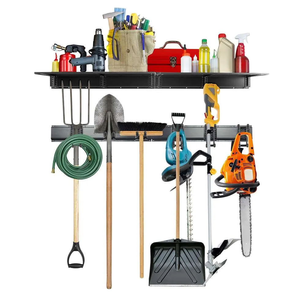 Raxgo gereedschapsopslagrek met plank, 12-delige garage-organizer, metaal, wandmontage, hanger voor elektrisch gereedschap, dweil, tuinharken, schoppen Meer