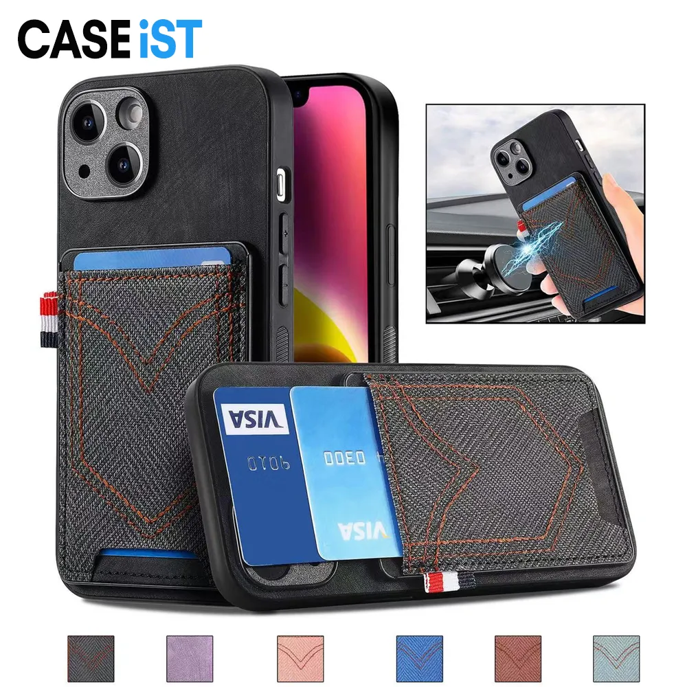 CASEiST Creatieve Jeans Canvas Telefoonhoesje met Creditcard Geldsleuf Houder Zak Portemonnee Doek Lederen Magnetische Achterkant Voor iPhone 15 14 13 12 11 Pro Max XS XR 8 7 Plus