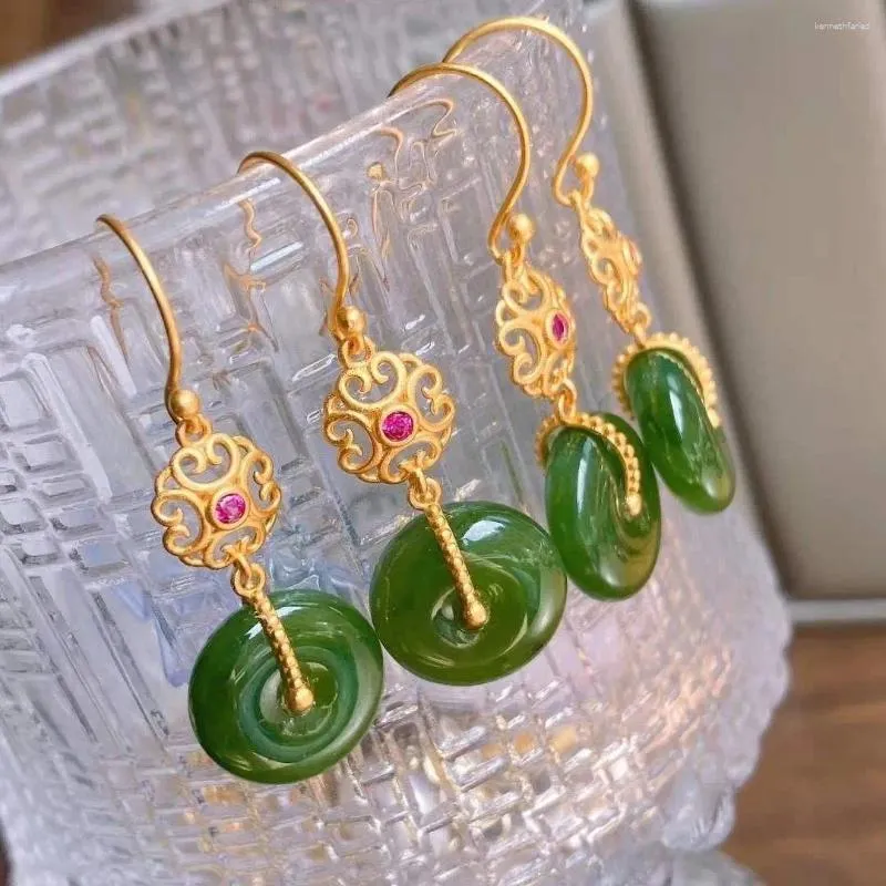 Boucles d'oreilles pendantes en Jade Hetian naturel vert, boucle de sécurité, longue suspension, argent Sterling S925, Anti-allergie pour femmes