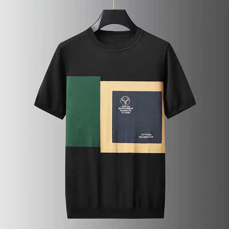 T-shirt da uomo T-shirt lavorata a maglia di seta di ghiaccio di fascia alta per uomo a maniche corte Tendenza estiva Testa di cervo Embrione Scollo rotondo 2022 Nuove mezze maniche larghe J240319