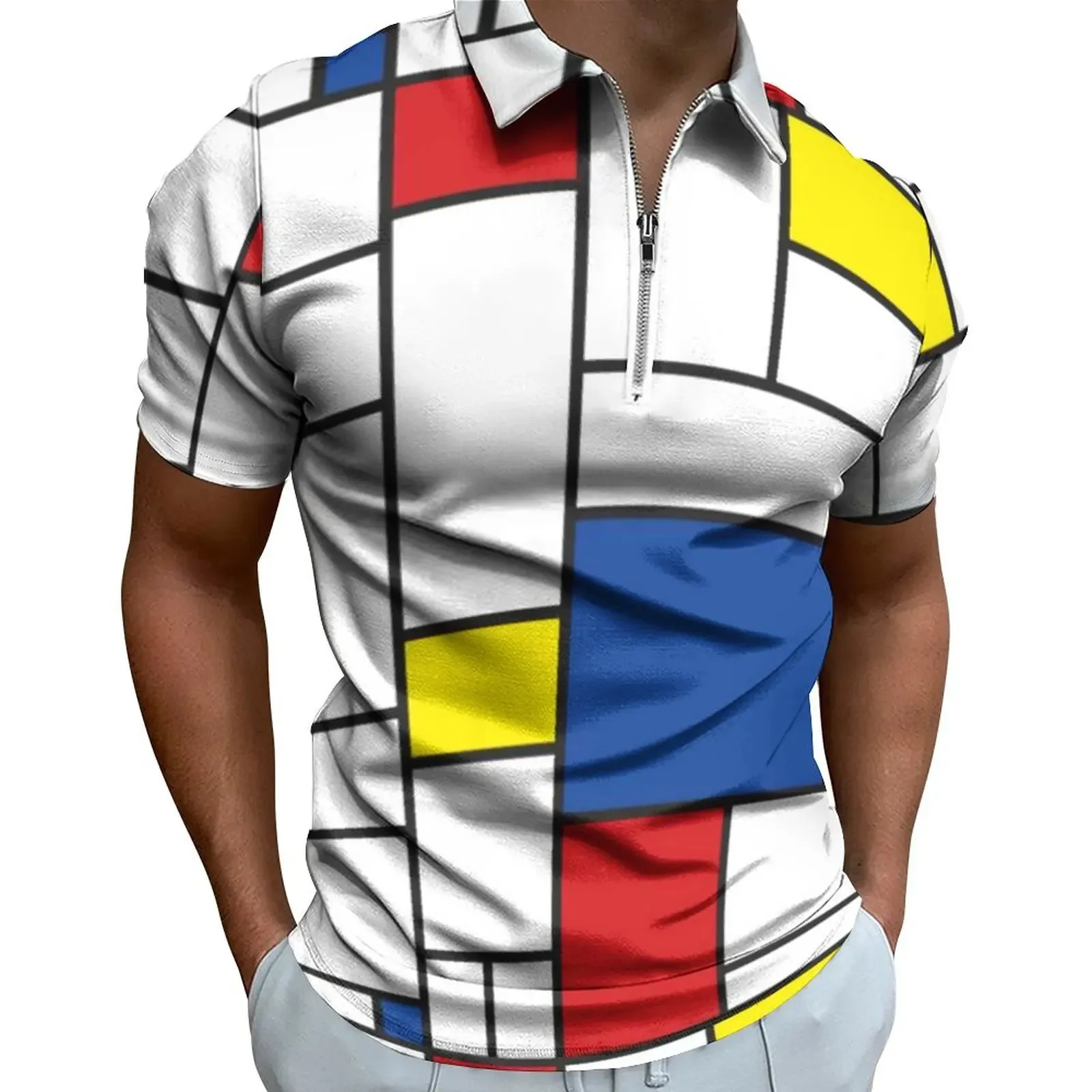 Retro mondrian ekose gündelik tişörtler mondrian modern sanat polo gömlek yakaları y2k gömlek erkek grafik kıyafetleri 4xl 5xl 6xl 240318