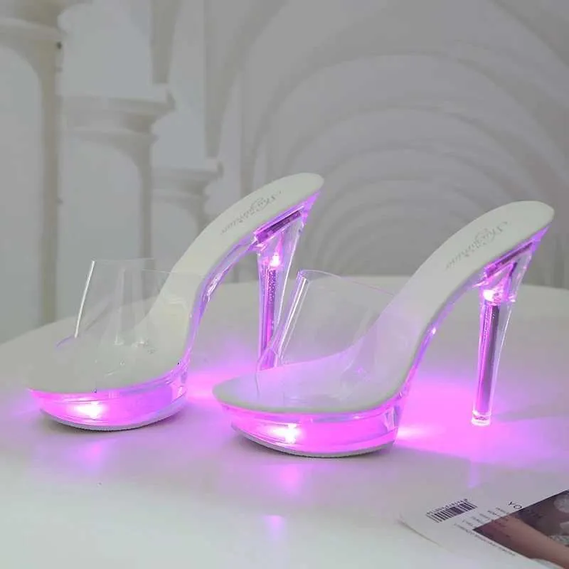 Jurk Schoenen Lichtgevende Gloeiende Vrouw Lichtgevende Heldere Sandalen Vrouwen Platform LED 13cm Hoge Hak Transparante Stripper HeelsE7MZ H240321