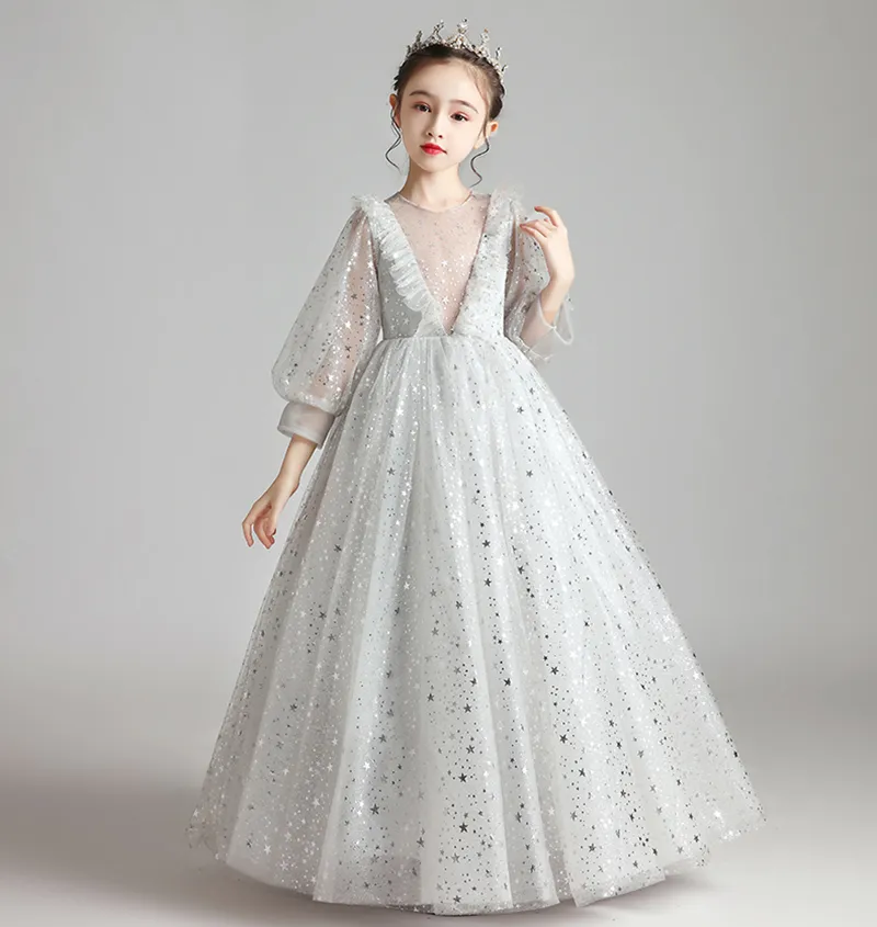 Sweet Silver Stars Organza Manches longues Robes d'anniversaire de fille Robe de demoiselle d'honneur Robes de concours de fille Jupe de fête de fille Jupe de fille Personnalisé SZ 2-12 D321061