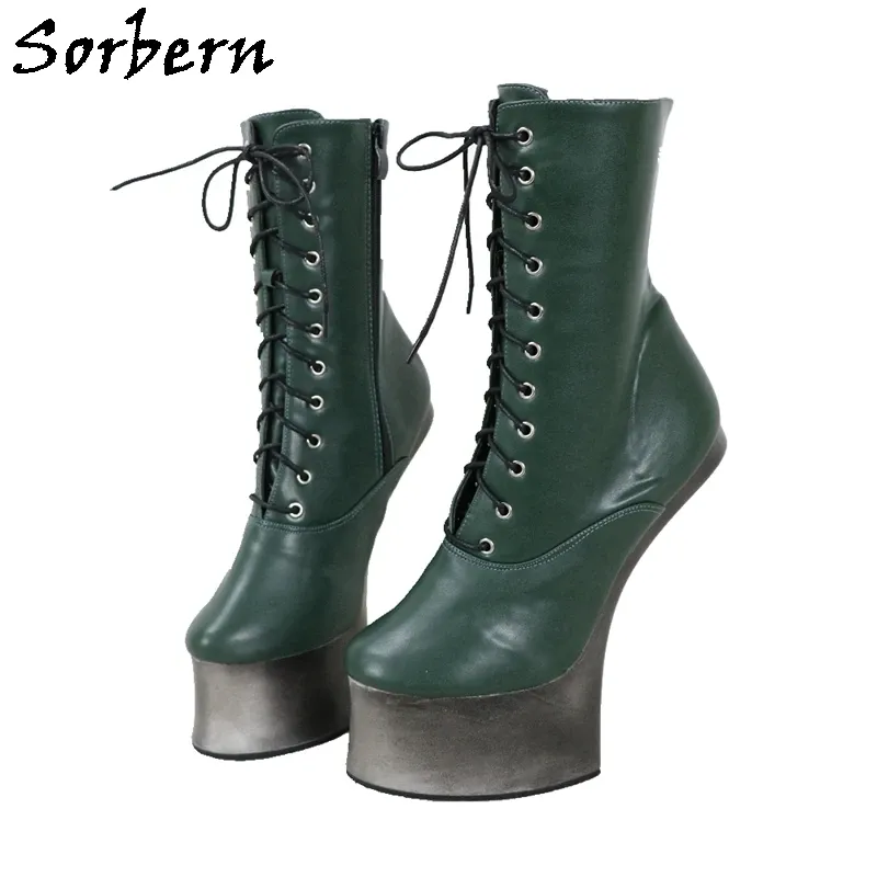 Botas Sorbern Vintage Horse Saltos Botas Mulheres Torno de Torno Alto Up Botas de Fetiche de Halleso Verde Escuro