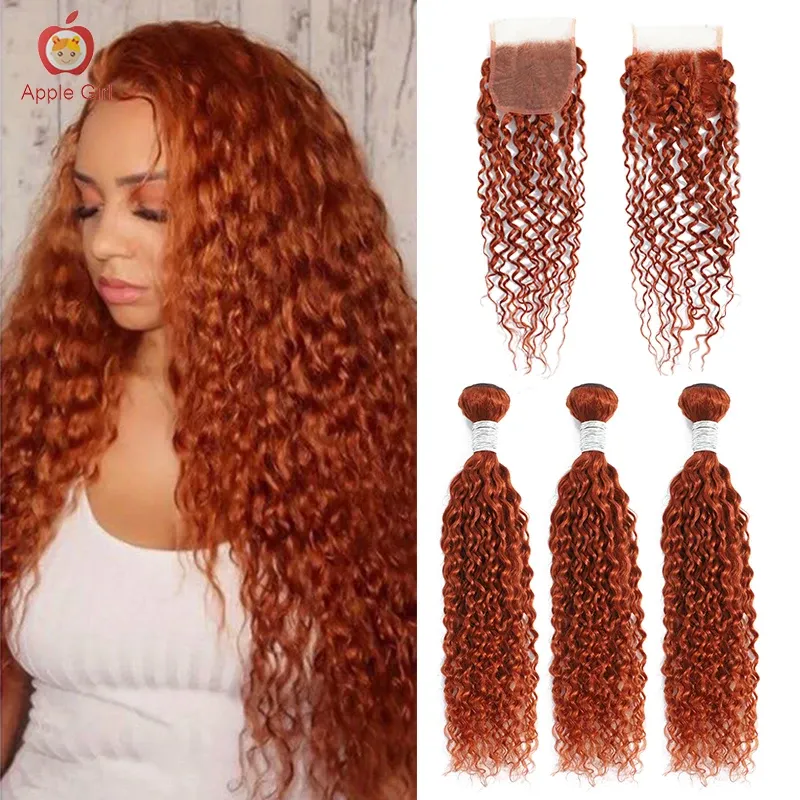 Perucas gengibre cor onda de água 3 pacotes com fechamento fechamento de renda transparente com pacotes queimado laranja applegirl remy cabelo humano