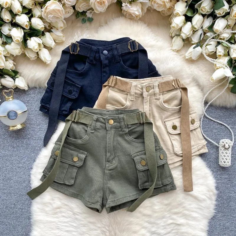 Shorts pour femmes Chic Cargo Femmes Poches Couleur Unie Taille Haute Streetwear Femmes A-ligne Doux Style Coréen Court Été Goutte