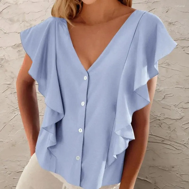 Bluzki damskie lekkie koszulę damską Stylowe marszone rękaw w dekolcie luźne topy streetwearne na letnie mody na letni sposób