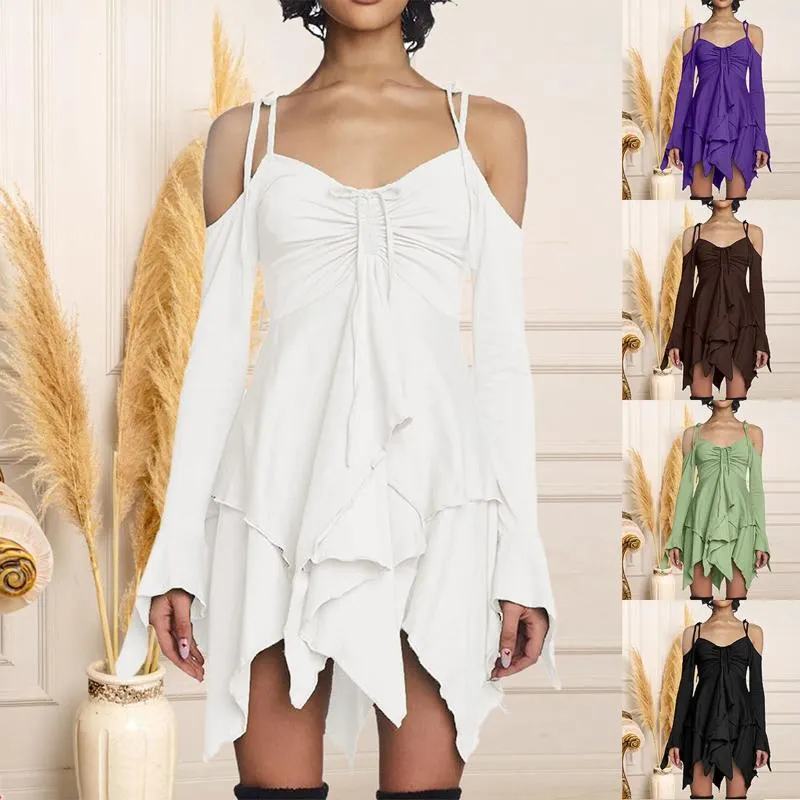 Robes décontractées Halloween pour femmes Robe de performance de couleur unie plissée avec bretelles irrégulières Midi pour les femmes en vrac