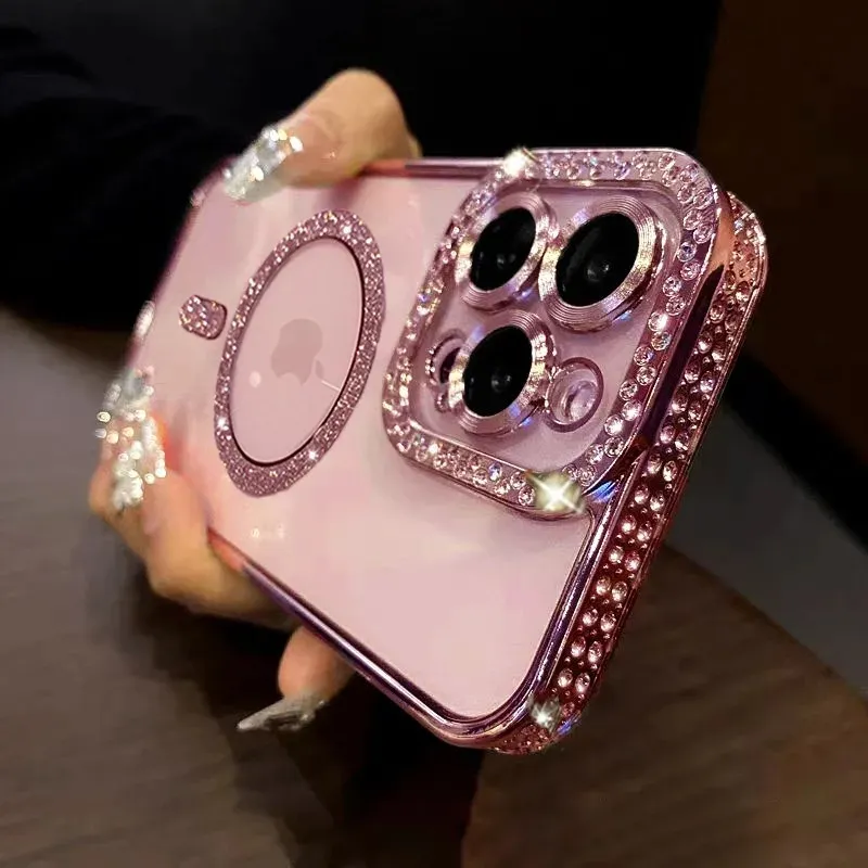 Capa magnética com brilho e diamante para iphone 15 14 13 12 11 pro max plus strass galvanizada com joias transparente