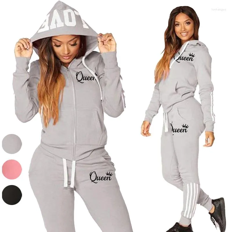 Calças femininas de duas peças feminino elegante agasalho rosa topos conjunto outono preppy com capuz zip ternos sweatsuit roupas finas imprimir roupa casual