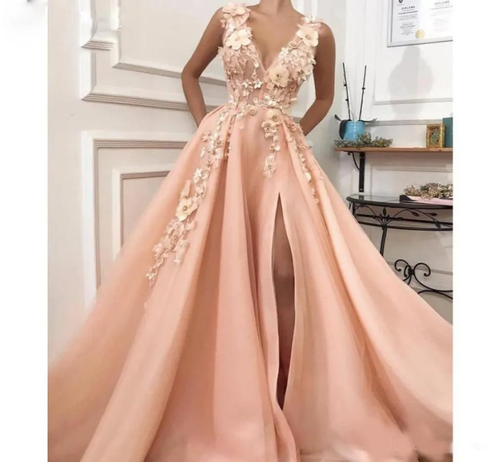 Сексуальное розовое платье для выпускного вечера Aline с разрезом по бокам и глубоким V-образным вырезом, 3D вечерние платья с цветочными бусинами, драпированная многоуровневая юбка, вечерние коктейльные платья7045688