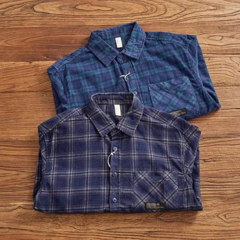 Men's Casual Shirts Vintage Loose Corduroy Plaid Shirt Heavy Cotton Wash To Do Old Pocket Cargo Fashion