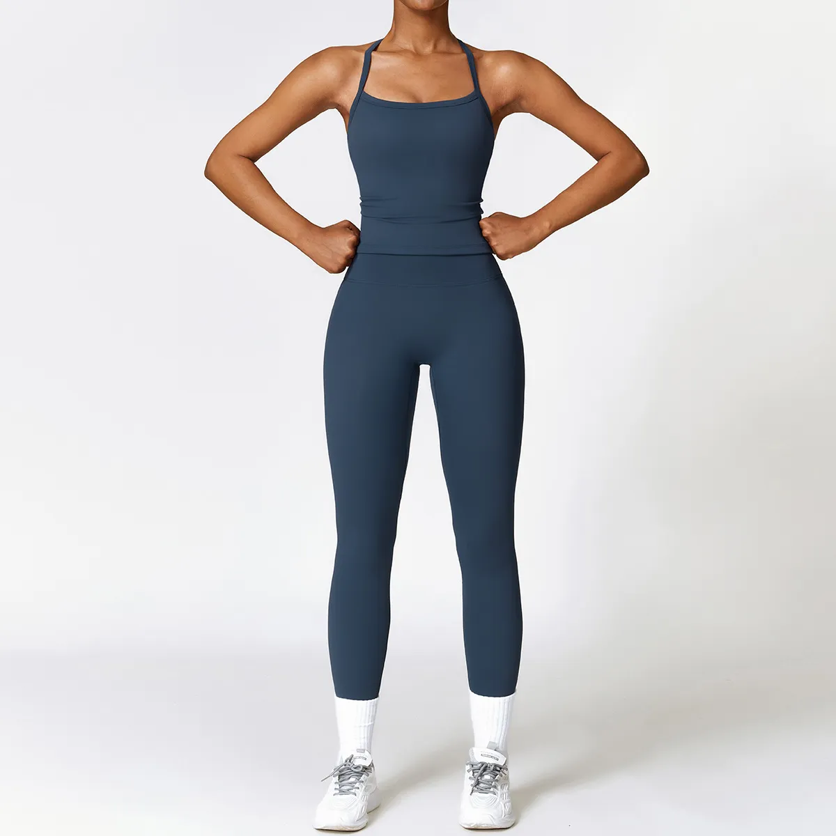 al Women Yoga Two-piece Set Short Running Tank Top+ Long Pant Solid Color Sports Bra With Fitness TZ8519