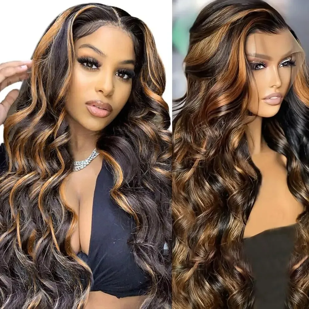 Perruque Lace Frontal Wig naturelle Body Wave ombrée 1B/30, à reflets ombré, 13x4 HD, densité 180%, pour femmes