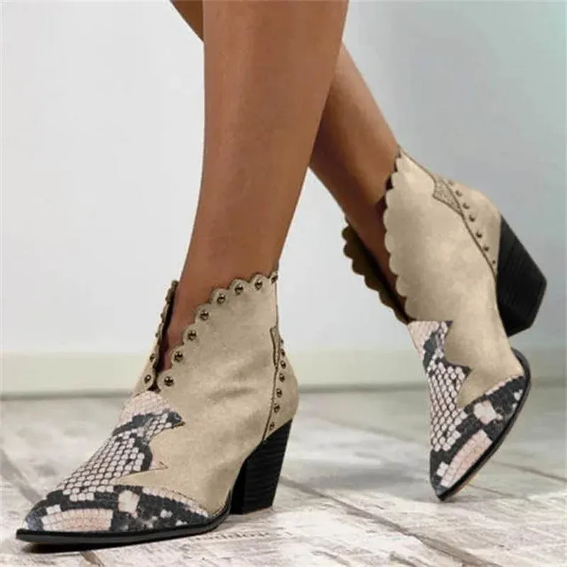 Stövlar 2022 Kvinnlig Autumn Winter Rivet Leather Cowboy Ankle Boots Women Wedge High Heel Booties Snake Print Botas Mujer