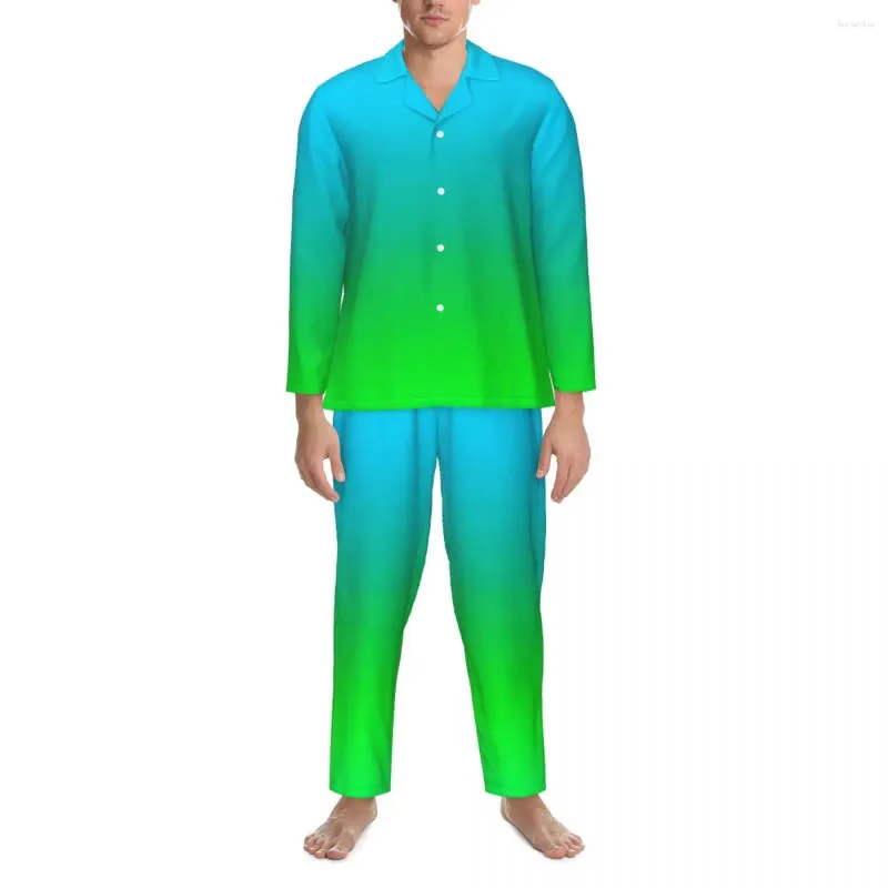 Men's Sleepwear Blue Green Pajamas Set Autumn Gradient Print Soft Home Two Piece Casual Oversize Custom Nightwear Gift Idea