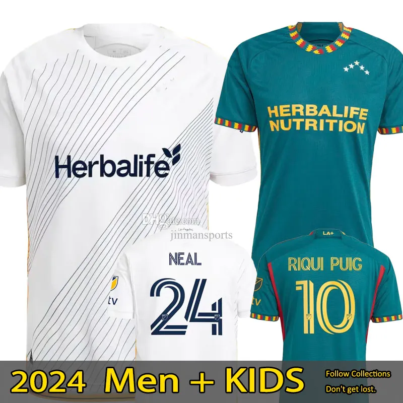 MLS 2024 2025 La Galaxy Soccer Jersey Kid Kit Man Major League Los Angeles 24-25 Fotbollskjorta Primär hem White Angeleno Away Green Brugman Riqui Puig Joveljic Neal